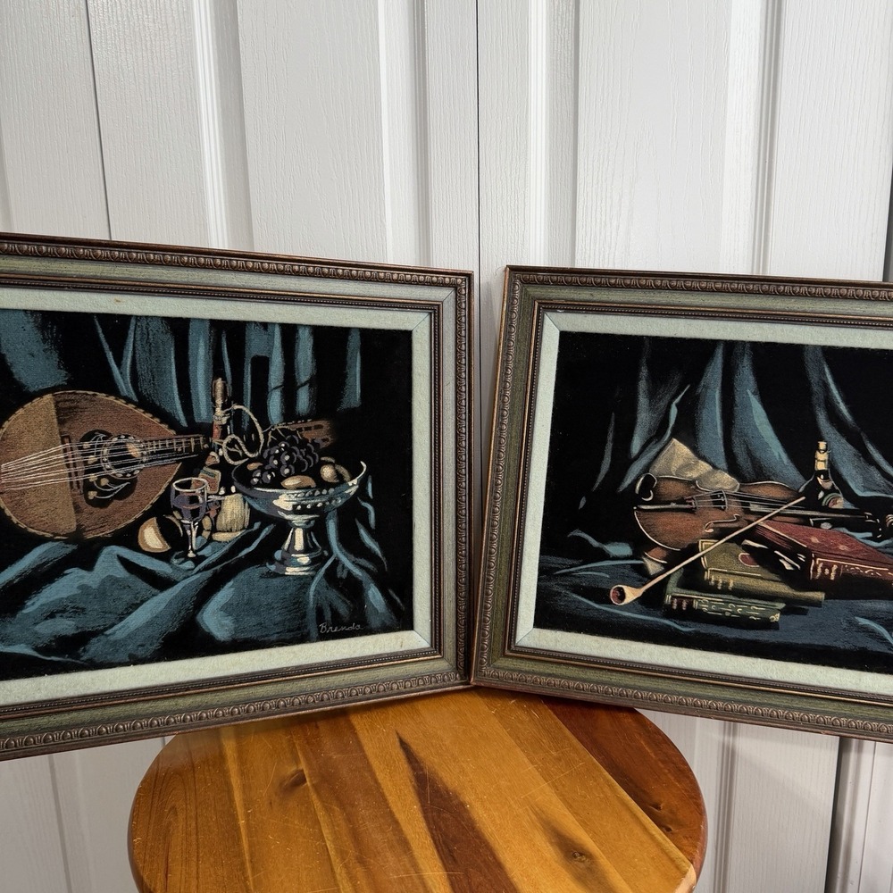 Vintage Velvet Oil Painted Still Life Instruments Fruit Set Of 2 Library MCM